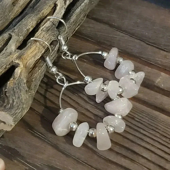Handcrafted Baroque Rose Quartz Gemstone Sterling Silver Plated Hoop Earrings - Picture 5 of 7